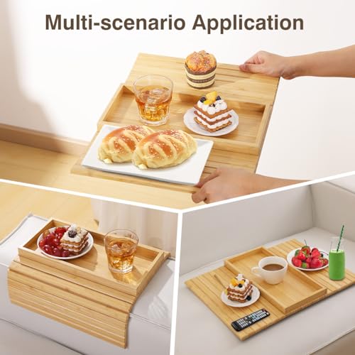 Bandeja de brazo para sofá de bambú natural, mesa lateral plegable con soporte de mandos 7