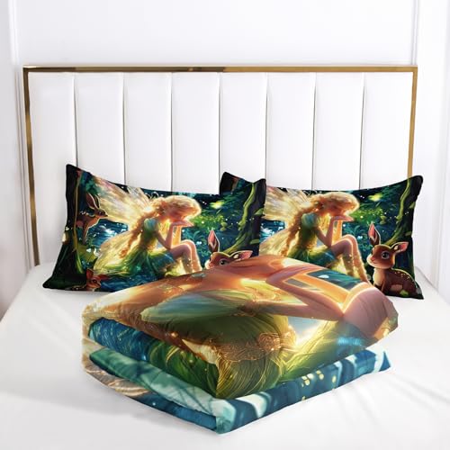 Image of AILONEN Butterfly Fairy Comforter Set, Princess and Elk Duvet Set, Full Size, Mysterious Forest Theme Bedding Set, 1 Quilt + 2 Pillow Case