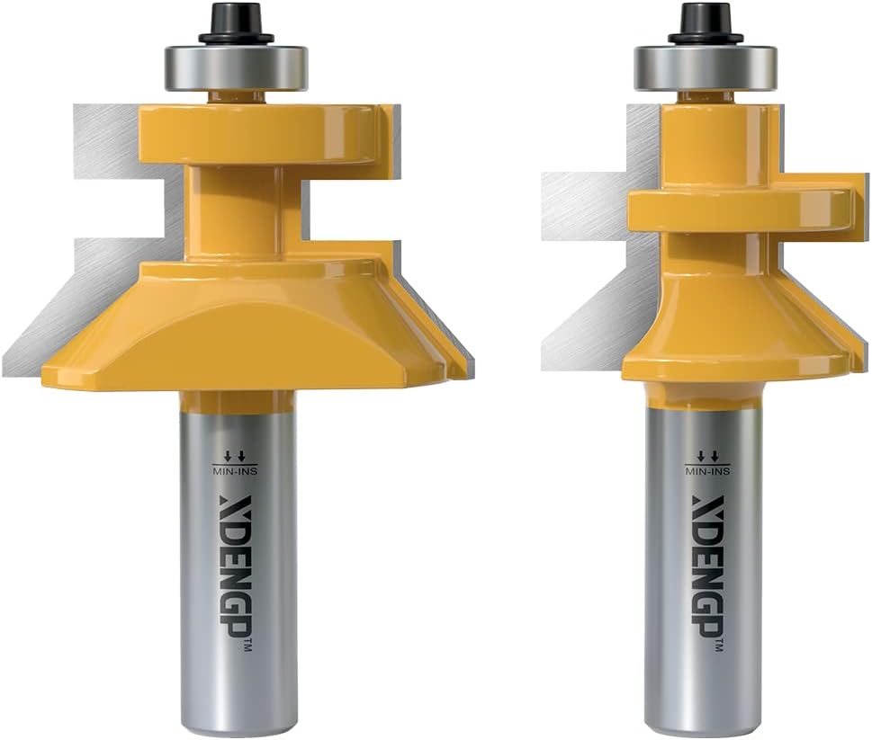 XDENGP 2 PCS 1/2 Inch Shank Tongue and Groove Router Bit Set Flooring, Shaker Style Tongue Groove V Notch Wainscotting Boards Panel and Flooring Matched Edge Banding Milling Router Bit Set Complete