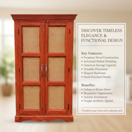 Image of APRODZ Mojo Sheesham Wood Two Door Cane Wardrobe (Sheesham Wood - Honey)