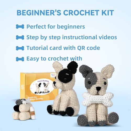 Image of MOREJMTT Crochet Kit for Beginners Animal,Crochet Animal Kits,Crocheting Kit for Starters,Learn to Crochet with Step-by-Step Video Tutorials,Beginner Crochet Kits for Adults(2 Pack French Bulldog)