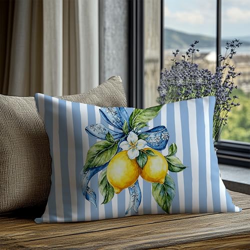 Image of Blue and Yellow Summer Italian Mediterranean Amalfi Coast Lemon Pillow Cover Decor 12x20,Italian Striped Decorative Throw Pillow Cover Decor for Couch Double-Sided