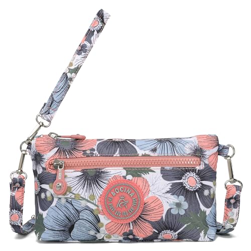 AOCINA RFID Printed Wristlet Wallet for Women, Small Crossbody Purse, Nylon Clutch Bag with Card Slots & Multi-Pockets(Floral Pink)