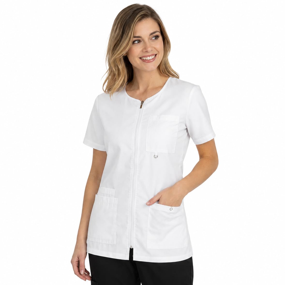 B-well Stella Camice Medico Donna Casacca Infermiere con Cerniera Camice da Lavoro Donna con Cerniera Manica Corta Scollo V, 4 Tasche