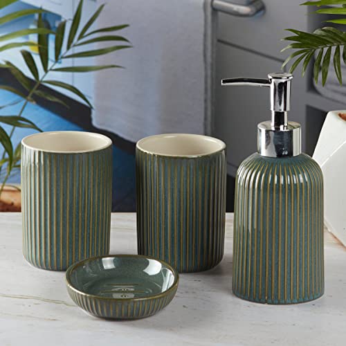 Image of SaSaSa Ceramic Bathroom Accessories Set of 4 Modern Bath Set with Soap Dispenser & Toothbrush Holder, Luxury Home & Gift Idea, Green (9903)