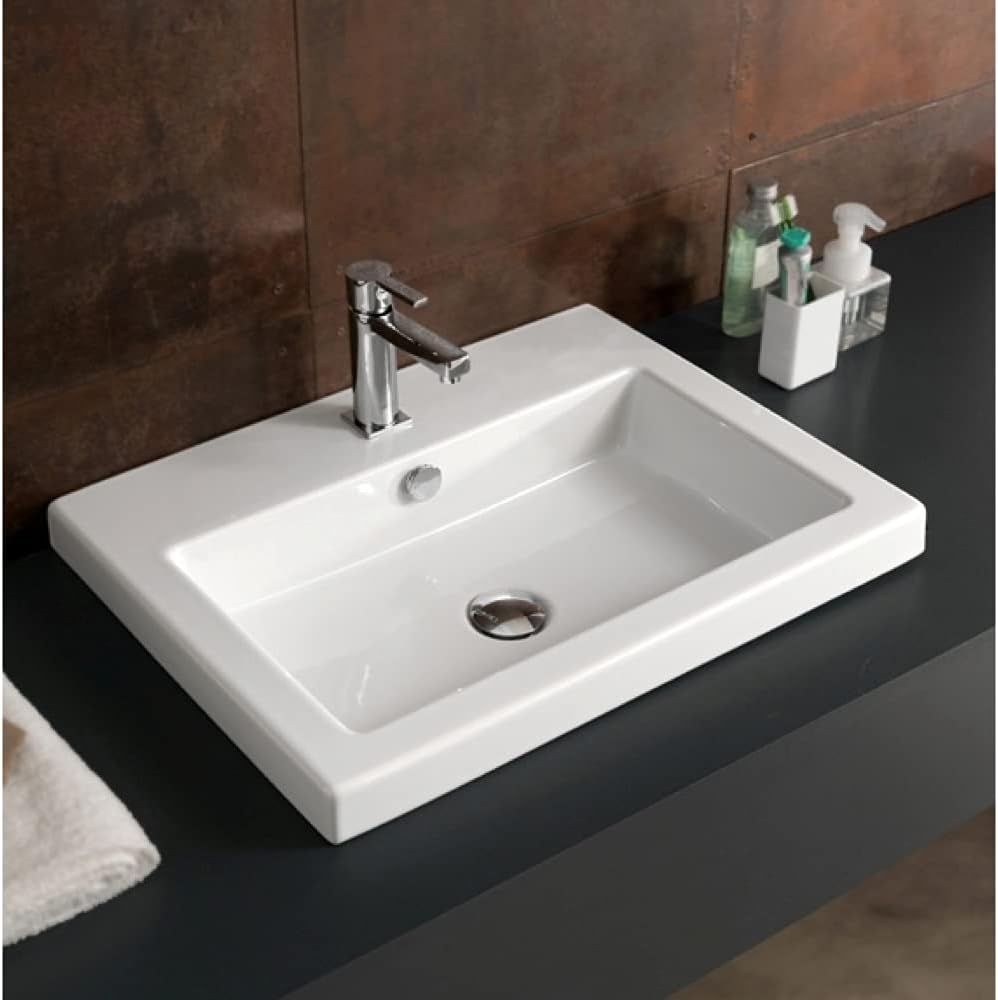 Tecla CAN01011-One Hole Cangas Rectangular Ceramic Self Rimming/Wall Mounted Sink, White, 35.3" L x 23.62" W