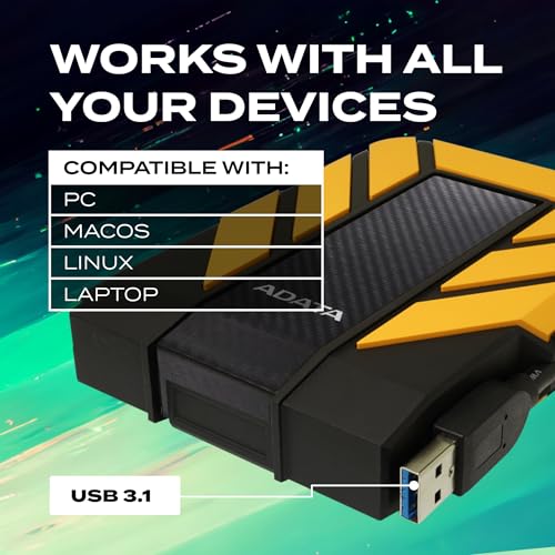Image of ADATA HD710 Pro - 1 TB External Hard Drive - Shockproof, Waterproof & Dustproof - Durable Storage - For Gamers, Students & Professionals - Mac, PC & Linux Compatible - Yellow - AHD710P-1TU31-CYL