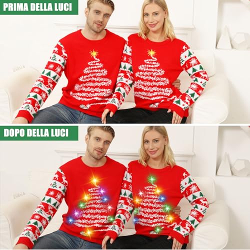 Maglione Natalizio con Luci LED, Maglioni Natalizi Famiglia Set, Brutti Maglione Natalizio Uomo Donna Ugly Christmas Sweater, Manica Lunga Maglia Natale Maglione di Natale per Coppia