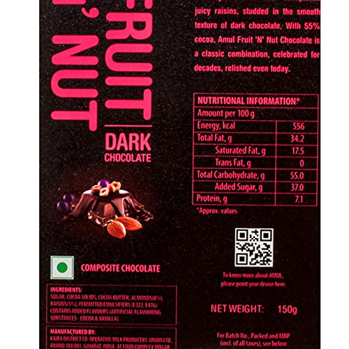 Image of Amul Fruit N Nut Dark Chocolate, 150Gm. (Pack of 4)