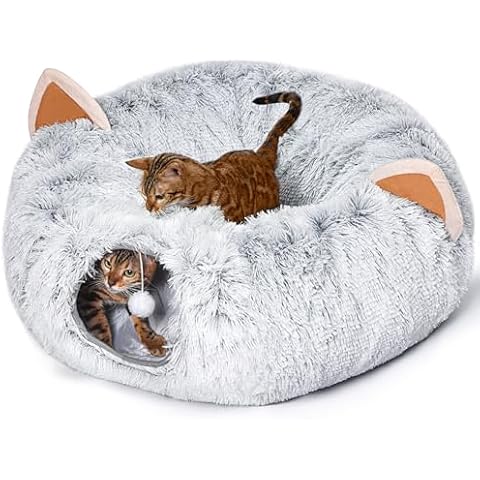 NEZIN Cat Tunnel with Cat Bed for Indoor Cats, Under Christmas Tree Plush Peekaboo Cat Cave, Multifunctional Cat Donut Tunnel Playground Toys for Cats Kitten Rabbit Ferret Cover