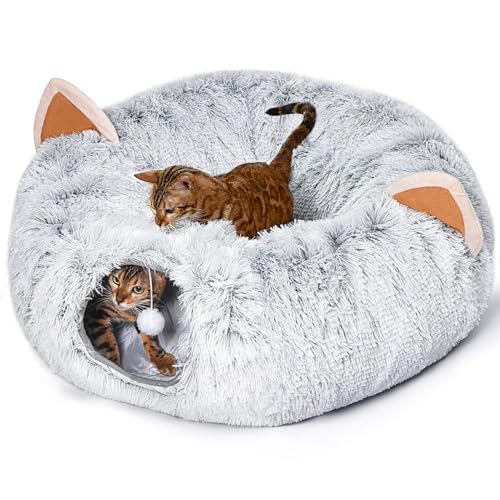 NEZIN Cat Tunnel with Cat Bed for Indoor Cats, Under Christmas Tree Plush Peekaboo Cat Cave, Multifunctional Cat Donut Tunnel Playground Toys for Cats Kitten Rabbit Ferret