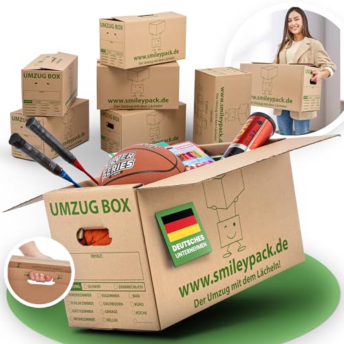 smiley pack stabile Umzugskartons - 620 x 300 x 330 mm - Extra groß - Umzugskiste 40kg Traglast - Umzug mit Karton-Box - Robuster Umzugskarton mit Deckel - Ordnungsboxen (10 Stück)