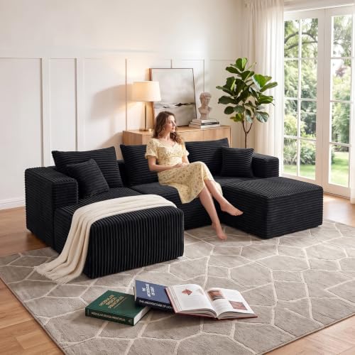 Image of 93 inch U-Shaped Boneless Couch, Corduroy Cloud Couch Sectional with Chaise and Ottoman, Deep Seat Modular Sectional Sofas for Living Room, No Assembly - Black (Left Facing Chaise)