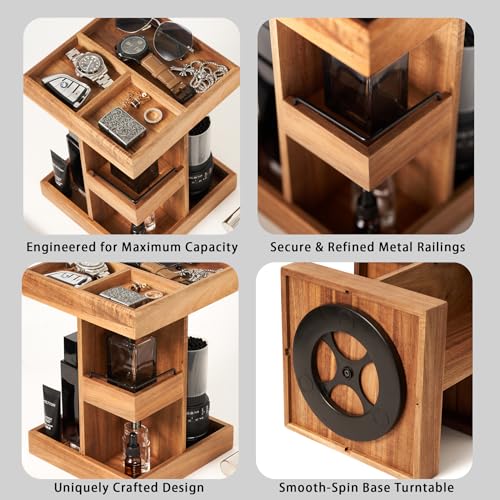 Image of Cologne Organizer for Men, Solid Acacia Wood 3-Tier Rotating Stand - Natural Grain Bathroom & Vanity Organizition for Perfume & Skincare, Premium Desk Decor, Unique Birthday Gifts