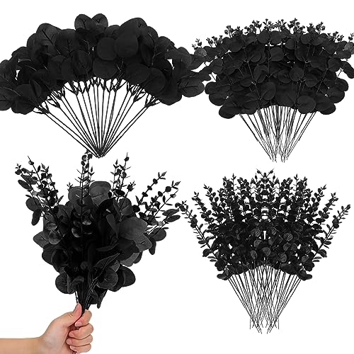 Giegxin 90 Pcs 3 Kinds Mixed Artificial Eucalyptus Leaves Stems Bulk Silver Dollar Leaves Picks Dried Eucalyptus Bundle Faux Spray for Wedding Vase Bouquet Floral Arrangement (Black)
