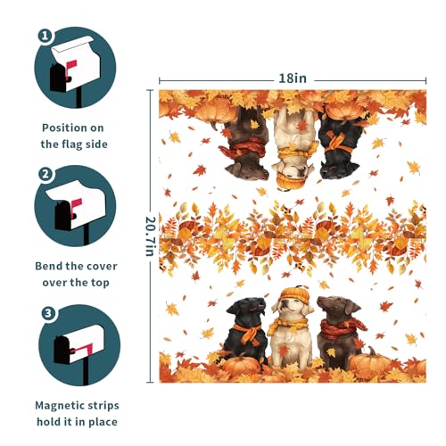 Image of Fall Dog Mailbox Cover Magnetic Standard Size Autumn Themed Pumpkins Maple Leaves Puppy Print Mailbox Wrap Letter Post Cover 21x18Inch for Garden Yard Outside Outdoor Seasonal Decor