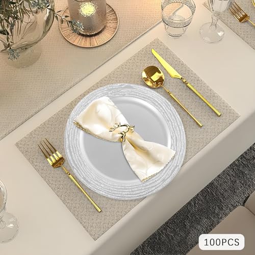 100 platos cargadores redondos de plástico 13 pulgs plateados miniatura 4