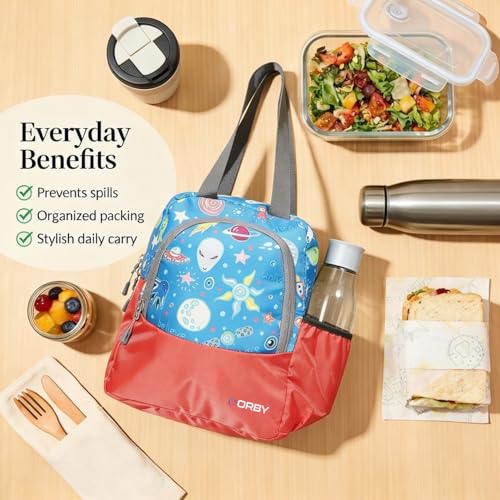 Image of ORBY Lunch Bag Galaxy Alien Red | Water-Repellent Durable Fabric | Tiffin Bag with Bottle Holder & Front Pocket | Strong Zipper & Spacious Meal Storage (Alien Pattern, Red)