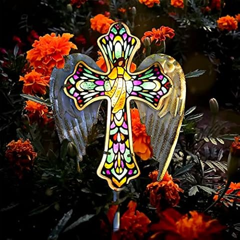 YJFWAL Solar Glass Cross Garden Stake Light, Cemetery Decorations for Grave Outdoor Lights, Christmas Cross Angel Wings Sympathy Memorial Gifts, for Garden Lawn Yard Patio Decor Cover
