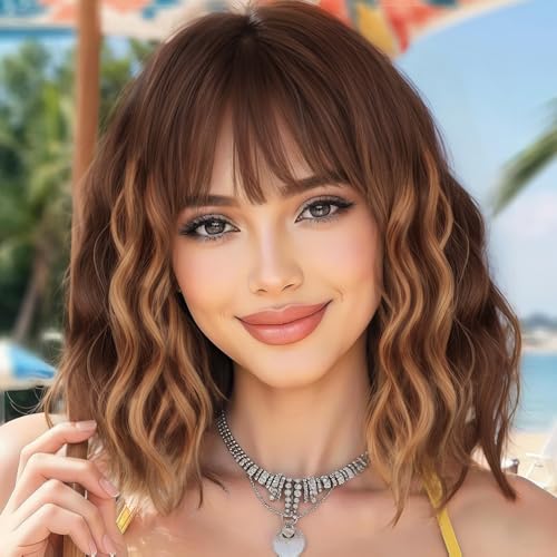 Image of AISI HAIR Curly Bob Wig with Bangs Ombre Brown Mix Blonde Color Short Wavy Wigs for Women Bob Style Synthetic Heat Resistant Bob Wigs