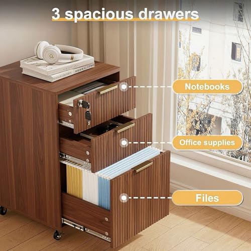 Image of 3 Drawers Fluted Mobile File Cabinet with Lock, Rolling File Cabinet Printer Stand Table, Under Desk Wooden Filing Cabinets for Home Office Essentials Storage Organization Furniture Letters /A4(Walnut)