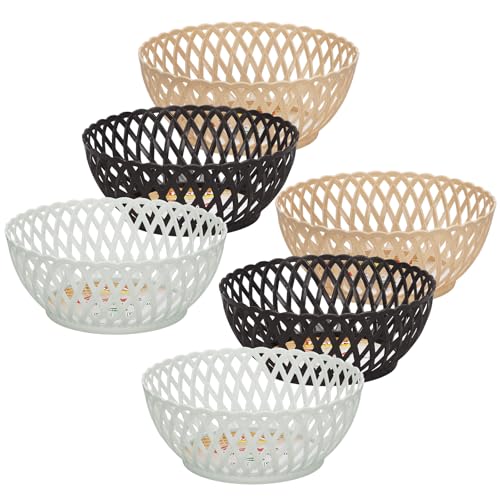 Image of RATAN PLASTICWARE Cane Large Plastic Storage Basket for Fruits, Vegetables & Snacks - Decorative Woven Design for Kitchen, Dining Table & Home Use I Pack of 6 - BEIGE /Dark Brown /OFF WHITE
