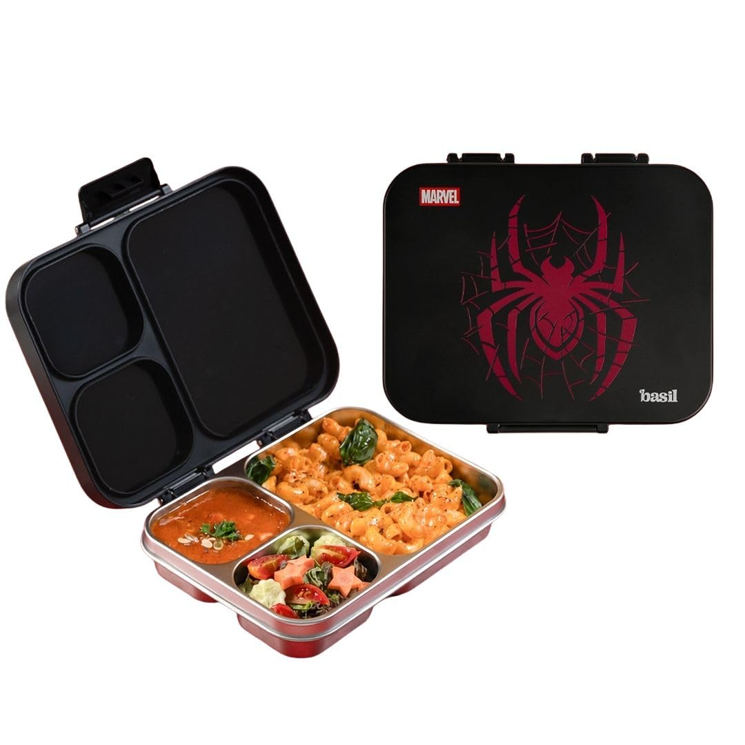 Basil Bento Ace 3C Stainless Steel Lunch Box for Kids | 3 Compartment Leakproof Tiffin Box for Teens & Adults | BPA-Free, Easy-to-Open School Lunch Box | Phantom Web