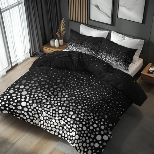 FJWXCBD Polka Dot Bedding Queen Size Duvet Cover Set 3 Piece, Black and White Bedroom Decor, Modern Abstract Duvet Cover & 2 Pillow Shams, with Zipper & Ties, Super Soft Microfiber