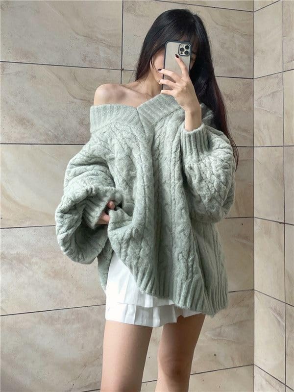 Image of Women's Y2K Oversized Chunky Cable Knit Sweater Casual Long Sleeves V Neck Pullover Tops