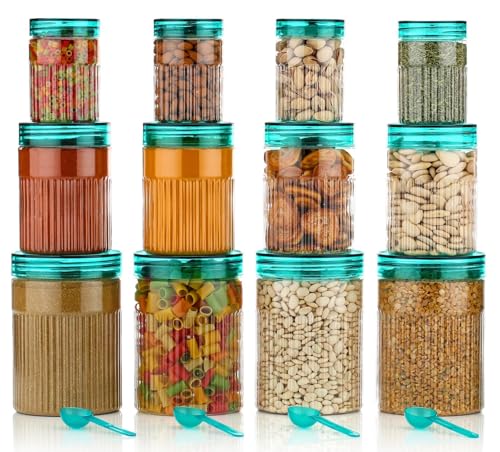 Image of Polypropylene Pet Food Storage Containers Set With Airtight Lids, Kitchen Organisation Jars For Pasta, Spices, Dry Goods, Stackable (12 Pcs SKY), Transparent