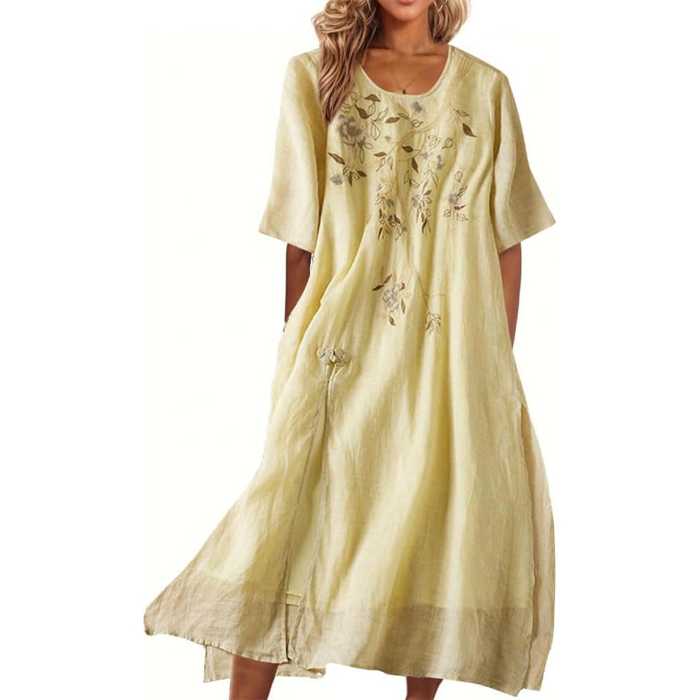 Vestido Largo de Lino y algodón con Bordado Floral para Mujer, vestidoes Fluido de Verano con Media Manga y Cuello Redondo, Vestido Bohemio de Lino y algodón, Manga Larga para invitada de Boda.