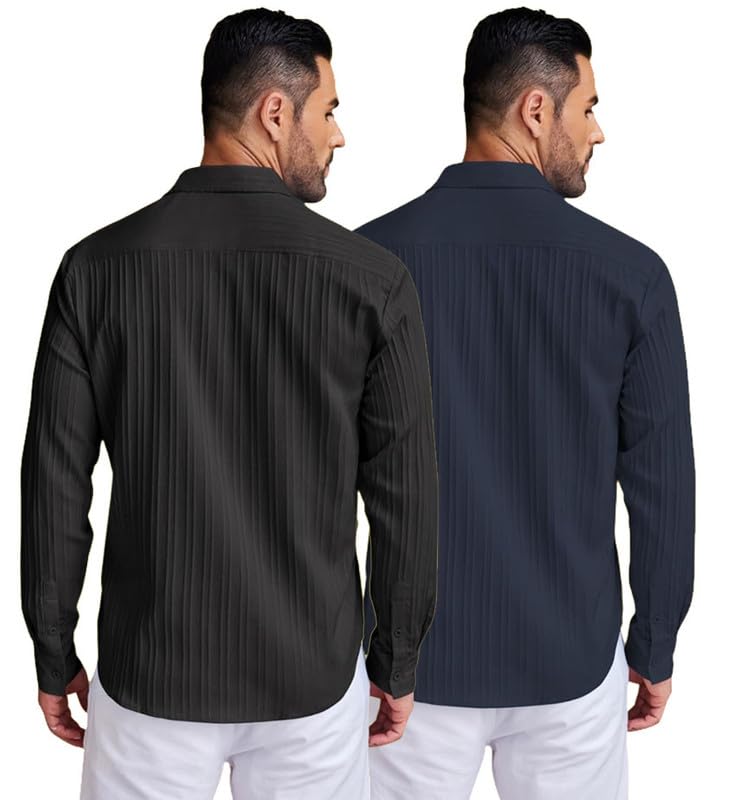 Image of DEELMO Combo of Men's Casual Button Down Shirts Long Sleeve Linen Shirt Fashion Textured Summer Shirts Pack of 2
