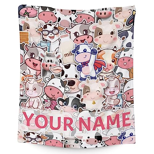 Personalized Cow Blanket Gifts with Name - 40"x50" Cute Throw for Women, Girls - Colorful Soft Fuzzy Blankets for Couch & Sofa