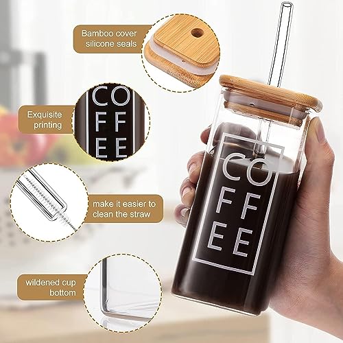 Image of ANKUL Glass Tumbler with Straw and Bamboo Lid 400ml, Glass Mason, Clear Coffee Mugs for Straw and Direct Drinking Mouth Dual Use, Travel Sipper Bottle (1, Square)