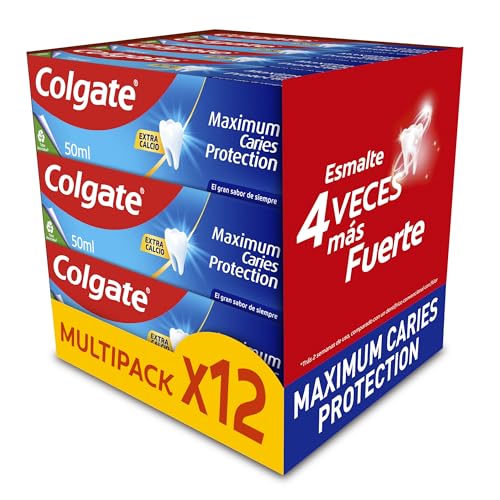 Colgate Pasta de dientes Maximum Caries Protection Pack 12 x 50ml | tecnología superior** anticaries | esmalte 4 veces más fuerte | pasta de dientes con flúor y arginina | sabor a menta