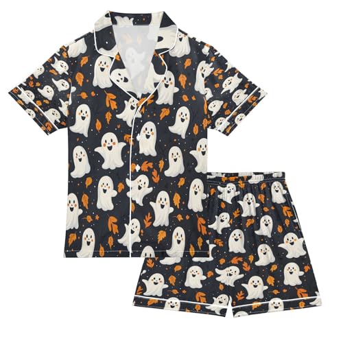 Satin Pajama Sets Short Sleeve Ghostly Figures Amidst Autumn Leaves Button Down Silky Nightwear 2 Piece PJS 5-14Y