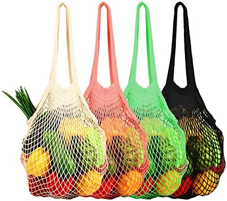 [4 Pack] Premium Mesh Grocery Bags, Reusable Produce Bags, Long Handle Net Tote Bags, 100% Cotton String Bags, Fruit and Vegetable Bags, 4 colors (Portable/Washable/Durable)