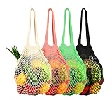 [4 Pack] Premium Mesh Grocery Bags, Reusable Produce Bags, Long Handle Net Tote Bags, 100% Cotton St