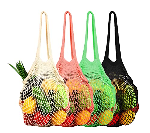 [4 Pack] Premium Mesh Grocery Bags, Reusable Produce Bags, Long Handle Net Tote Bags, 100% Cotton String Bags, Fruit And Vegetable Bags, 4 Colors (Portable/Washable/Durable) #TOP17