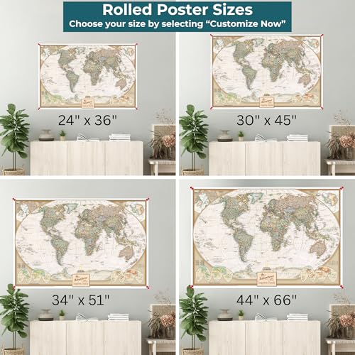 Image of Executive World Map Canvas Poster with Pins - National Geographic Detailed Antique Style Canvas Travel Map - Extra Large 34 inch x 51 inch