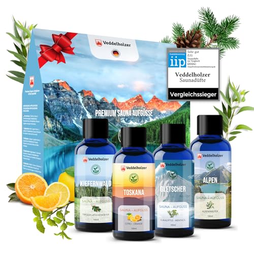 Veddelholzer Ensemble de sauna bio avec huiles essentielles 100 % pures 4 x 100 ml différents huiles de sauna parfum pour sauna accessoires de sauna en cadeau tout dans...