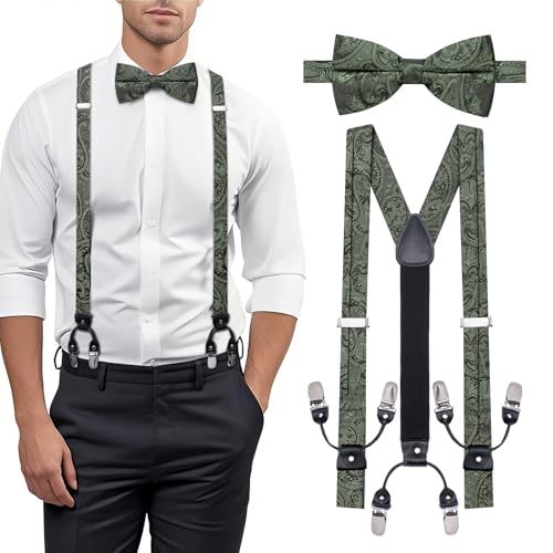 Image of YOHOWA Men Suspenders 6 Clips Strength Adjustable Y Braces Pre-Tied Bow Tie Set Formal Wedding Party
