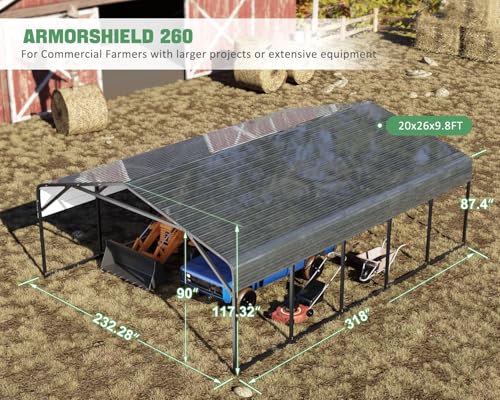 Image of Military-Grade Metal Carport 20x26 FT, Heavy- Duty Galvanized Steel Roof | 2x2 inch Steel Poles with Powder Coating, 15-Gauge Walls,120 PSF Snow Load Roof, Hurricane Resistant, Pickup, Truck, Black