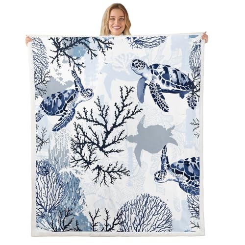 Turtle Sherpa Blanket White Blue Sea Hawaiian...