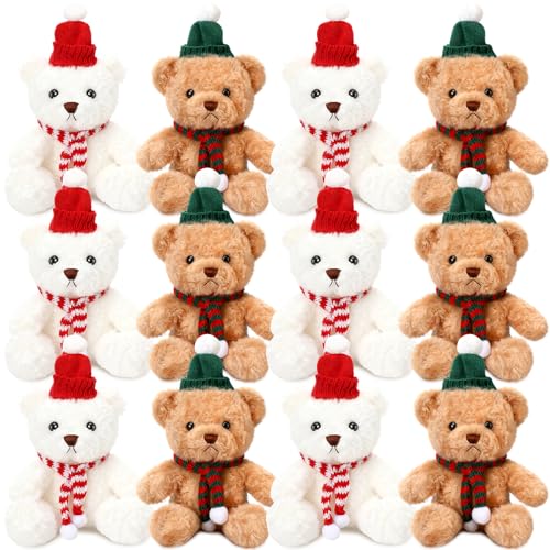Hungdao 12 Pcs Christmas Bear Stuffed Animal Plush Toys Bulk 9.84 Inch Small Cute Bear with Hat Scarf Adult Gifts for Christmas Birthday Party