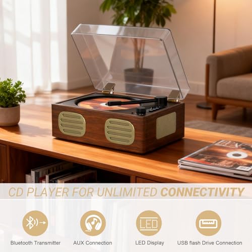 Image of Retro Bluetooth CD Player with Speakers, Portable Desktop Music Player with Headphone Jack, USB /AUX, Rechargeable, Vintage Wood Design Gift for Women Bedroom Decor, No Remote Control (Walnut)