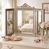 HomeZone Large Free Standing Antique Silver Vanity Mirror Cosmetic Makeup Trifold Triple Tabletop Mirror for Bedrooms Bathroom Vaintage Ornate Glass 55x73cm