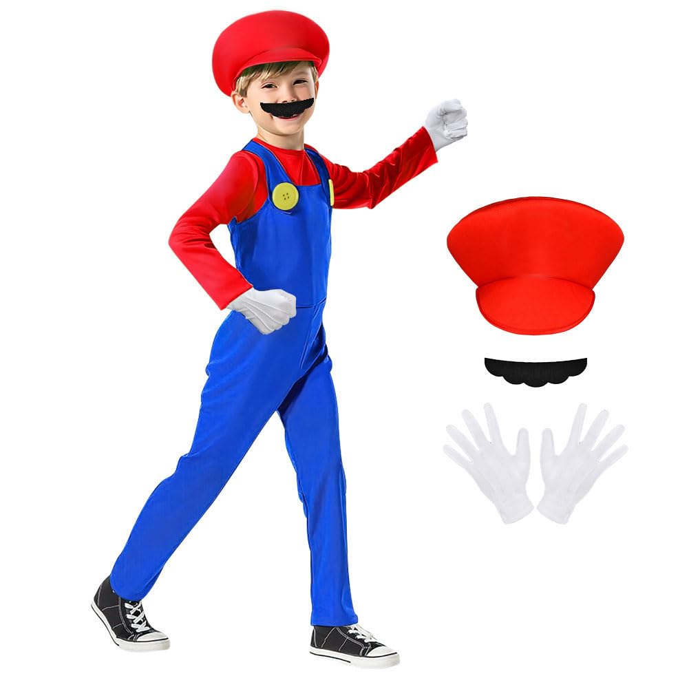 AOOWU Mario Costume for Kids, 4PCS Kids Mario Costume Set with Mario Jumpsuit, Cap, Beard & Gloves, Mario Luigi Bros Plumber Fancy Dress Outfit for Boy Girl Halloween Cosplay Carnival Party (Red, L)