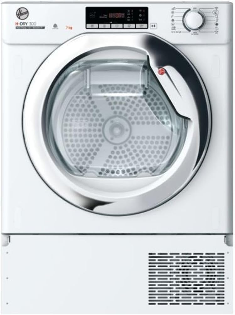 Hoover H-Dry 300 BATDH7A1TCE Integrated Heat Pump Tumble Dryer, Wifi Connected, 7KG, Sensor Dry, Large display, White with Chrome Door