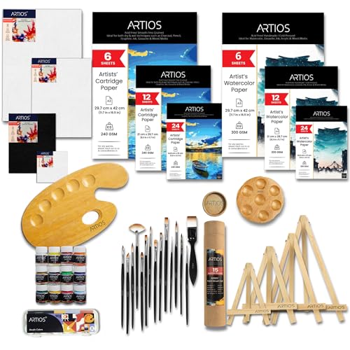 Image of ARTIOS Painting Kit for Artists - 121pcs Painting Set for Adults and Kids with Paint Brush Set, Acrylic Paints, Mixed Media Papers, Watercolor Papers, Canvas Boards, Easels & Wooden Palette